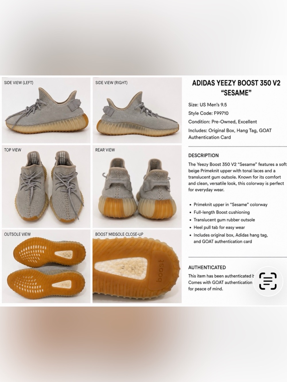 Yeezy Boost 350 Adidas with original box and Goat authenticity card. Mens 9.5